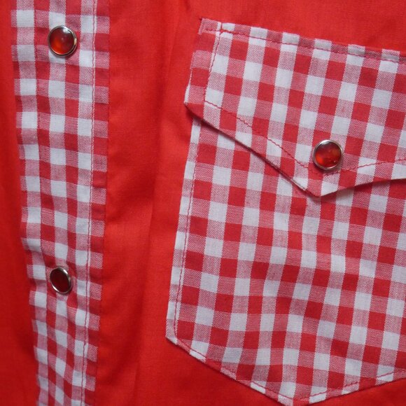 Vintage Red Western Shirt with Gingham Trim Pearl Snap Mens XL - Picture 8 of 16